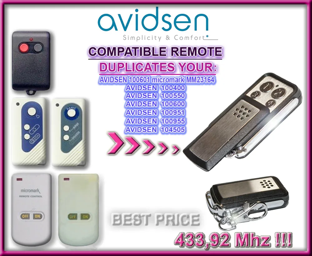 

for AVIDSEN 100951, AVIDSEN 100955, AVIDSEN 100550, AVIDSEN 100400 Fixed Code Remote Control Duplicator 4-Channel 433.92MHz.