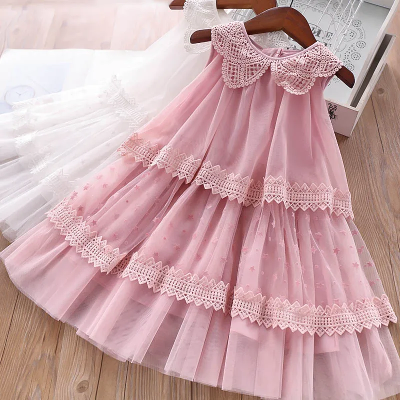 

2019 Summer dress for girls / Hollow out lace collar /Kids Layered lace dress