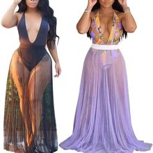 Однотонное женское прозрачное Сетчатое бикини, купальный костюм, купальный летний пляжный купальник, длинные юбки с высокой талией