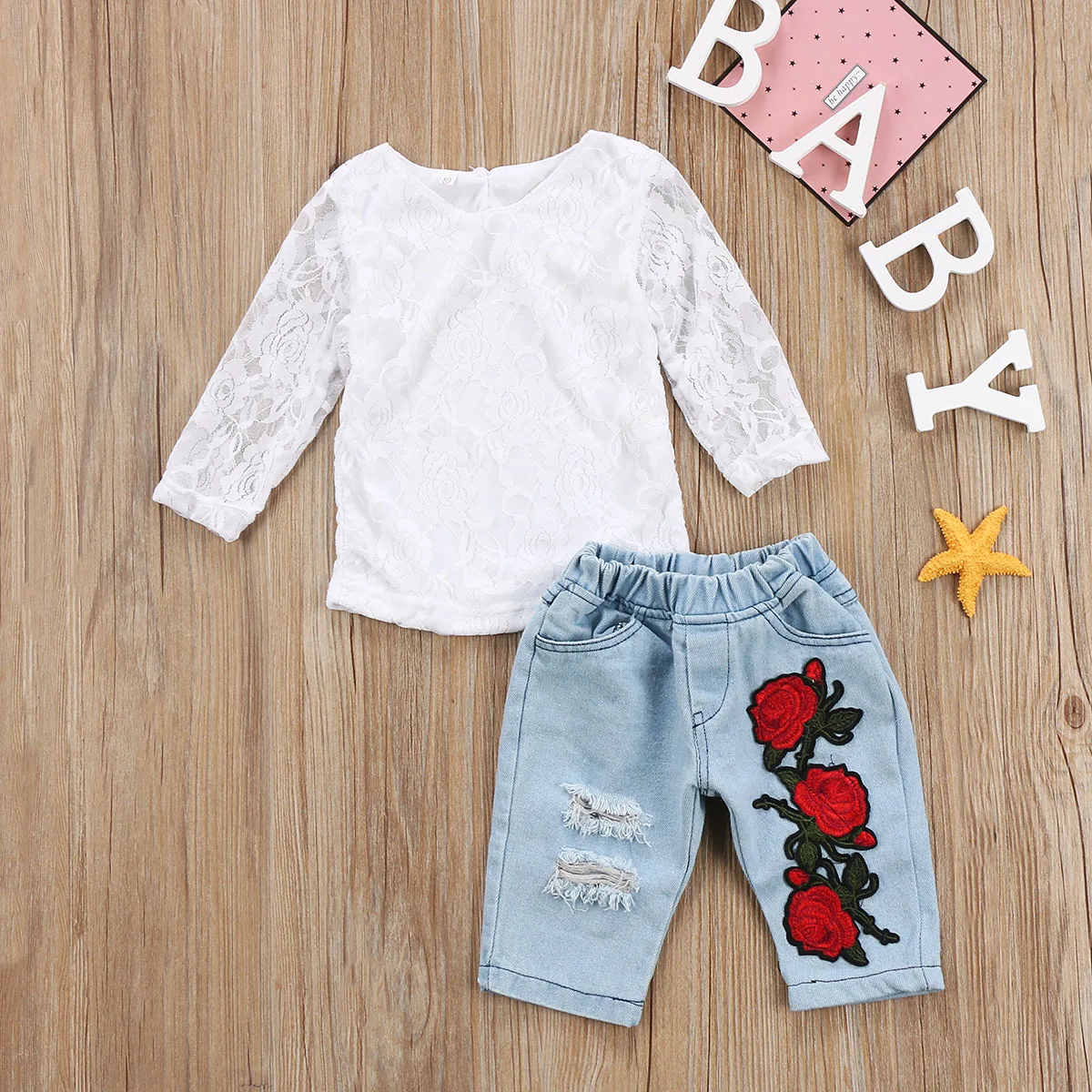 Новейшая мода новорожденных Одежда для детей; малышей; девочек 3D красивый цветок кружева топы крутые джинсовые Короткие шорты комплект