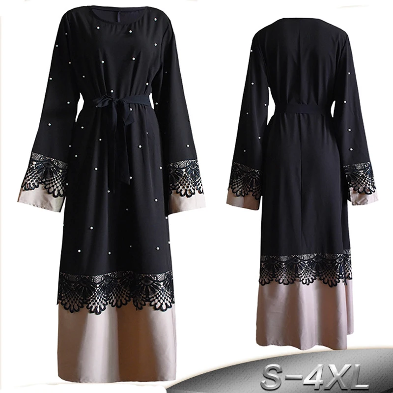 

UAE Plus Size Black Robe Abaya Women Dubai Kaftan Beading Lace Muslim Dress Turkish Femme 2019 Maxi Hijab Islamic Prayer