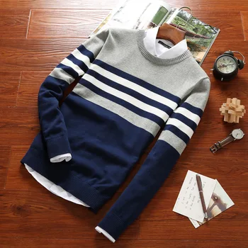 

New Men's Sweater Male 4XL Spring Autumn Round Neck Striped Slim Fit Cotton Knitting Pullovers Men brand cothing Sweaters AF7040