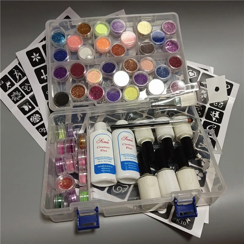 45 Colors Powder Glitter 6 Glues 2 Brushes 5 Hollow Template 2 Remove Water Kit for Temporary Tattoo Kids Face DIY Nail Body Art
