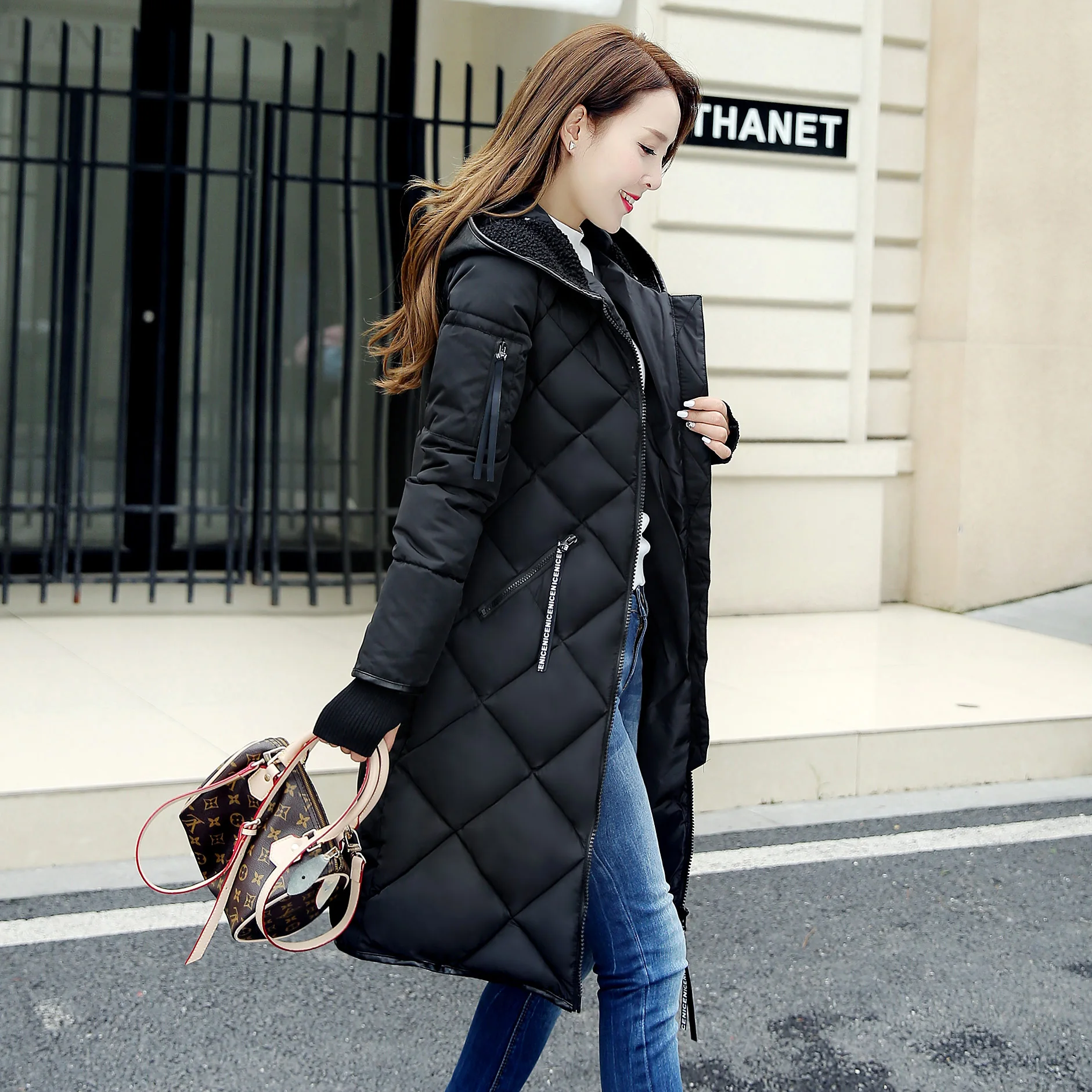 2016 Winter parkas women argyle hooded slim medium long jacket female thicken outerwear plus size coat
