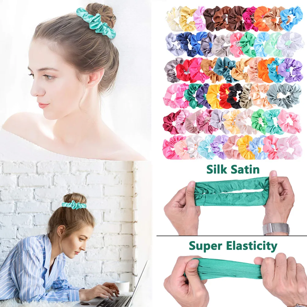 

Women Colorful Silk Satin Scrunchy Set 60Pcs Strong Elastic Bobble Hair Bands Traceless Hair Rope Accessory for Ponytail Holder