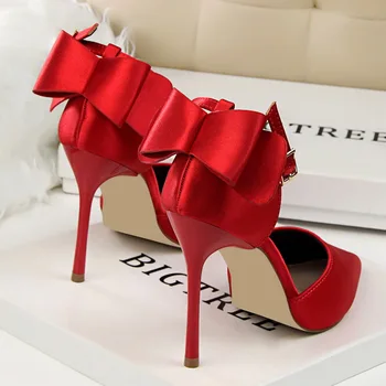 

2020 Plus size 34-43 Women Shoes Pointed Toe Pumps Dress Shoes High Heels Boat Shoes Wedding Shoes tenis feminino Side with Bow