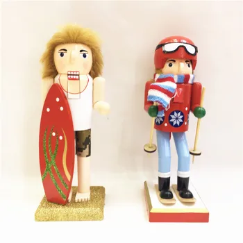 

New 25Cm High Christmas Holiday Nutcracker Skier Surfers Vintage German Wooden Table Walnut Toy Zakka Dolls