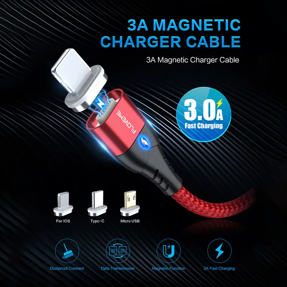FLOVEME быстрое зарядное устройство с магнитом USB кабель для iPhone Micro usb type C кабель 3A Магнитный USB светодиодный провод для samsung Xiaomi