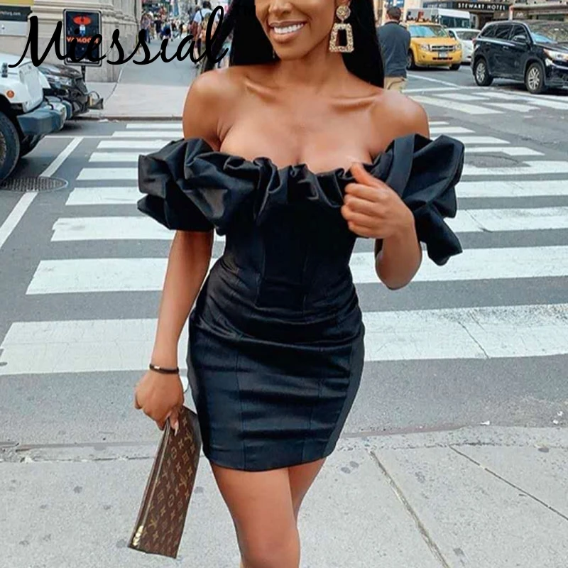 

Miessial Ruffles off shoulder sexy dress Vintage bodycon black winter dress 2019 short mini party club dress vestidos de fiesta