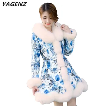 

YAGENZ Women Imitation Fur Coat 2017 Winter Coat New Elegant Print Down Cotton Jacket Artificial Fur Keep Warm Casual Tops A631