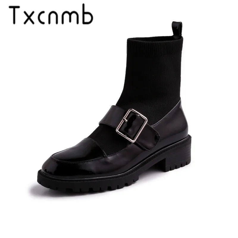 

TXCNMB New Style Ankle Boots Women Slip-on Buckle Genuine Leather Boots Round Toe High Heels Dress Shoes Woman