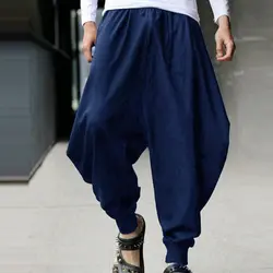 Мужской японский самурайский стиль укороченные брюки льняные брюки летние повседневные шаровары свободные брюки с заниженным шаговым