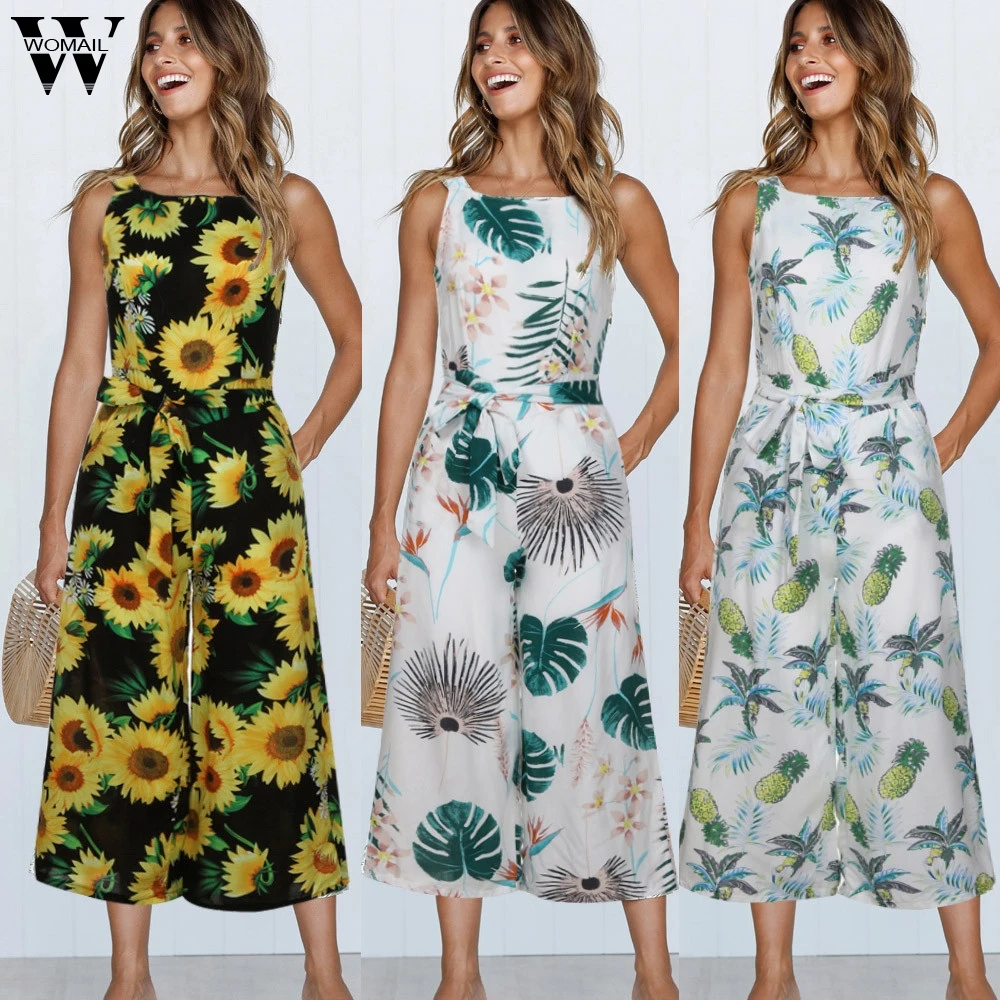 

Womail bodysuit Women Summer Fashion Sleeveless Floral Print Jumpsuit Casual Wide Leg Pants Holiday Outfits dropship M5