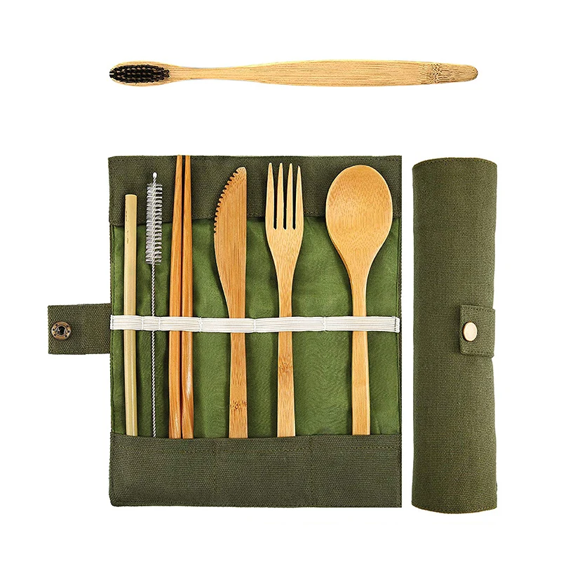 

UPORS 8Pcs/Set Portable Tableware Bamboo Cutlery Set with Case Reusable Travel Utensil Set Bamboo Fork Spoon Knife Set for Kids