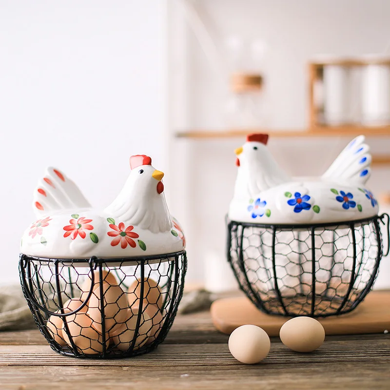 

New American Iron Egg Storage Basket Snack Fruit Basket Creative Collection Ceramic Hen Oraments Decoration Kitchen Accessories