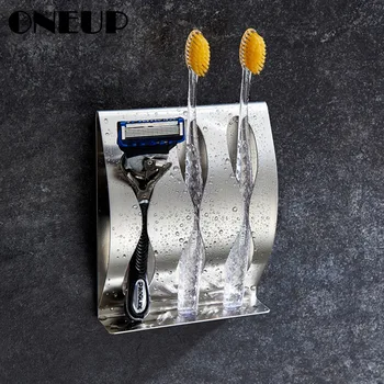 

ONEUP Wall Mount Stainless Steel Toothbrush Holder 3/2 Self-Adhesive Hook Toothbrush storage Organizer rack Household Items