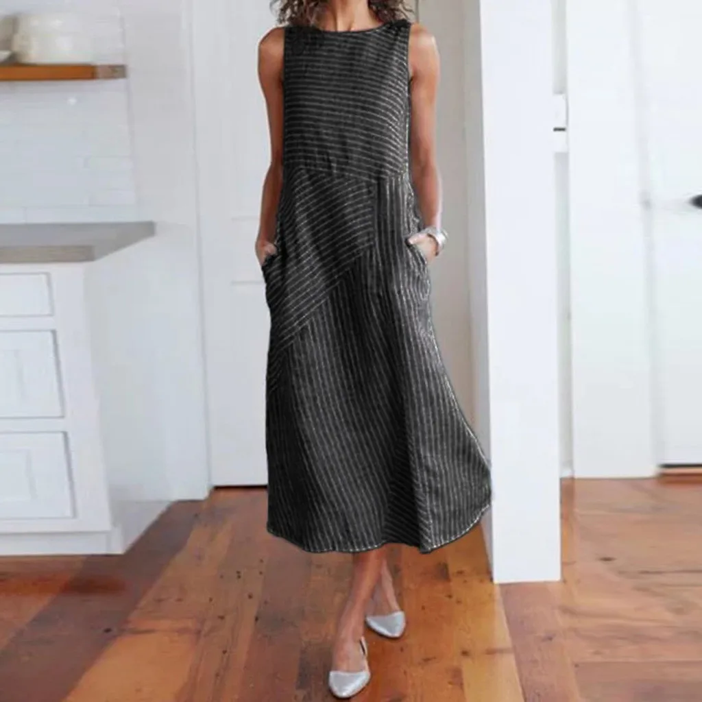 

women Striped dress Sleeveless Crew Neck Linen Pocket Long Dress Boho Style Short Party Beach Dresses vestidos de verano 2019
