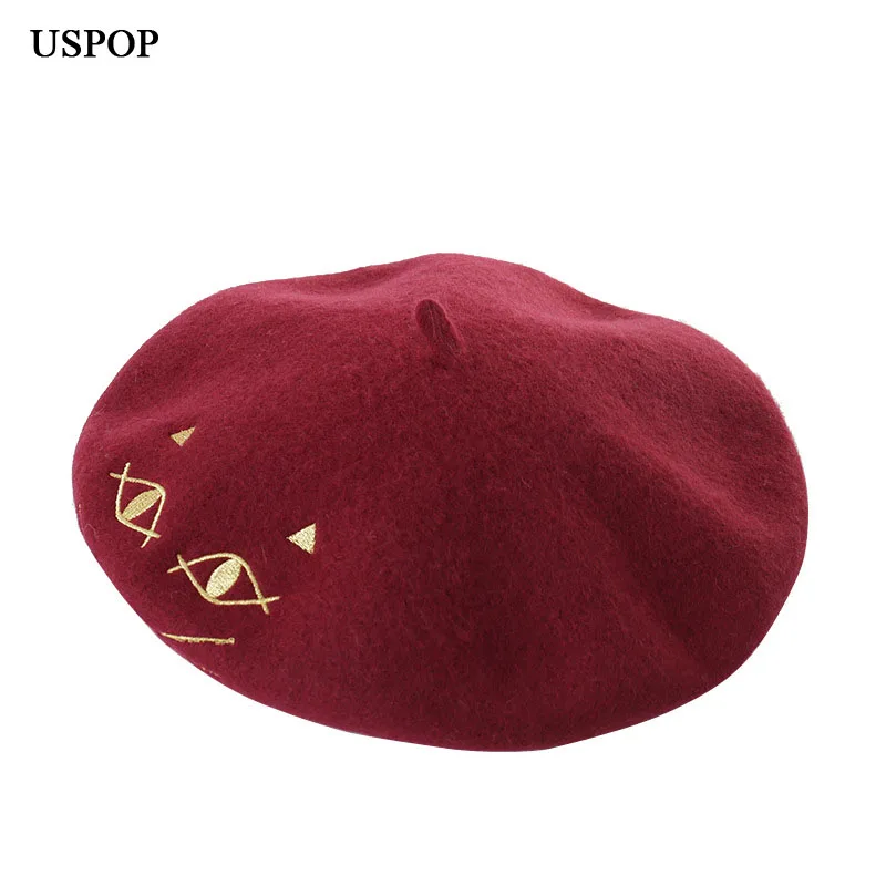

USPOP 2019 New Winter hat women thick warm 100% wool berets female Cute cat embroidery beret casual woolen berets
