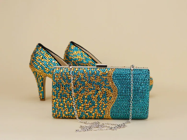 Синие и золотые свадебные туфли со стразами и наборы кошельков на платформе и высоком каблуке женские туфли-лодочки Свадебные вечерние туфли и сумки для невесты - Цвет: 8cm shoe with bag