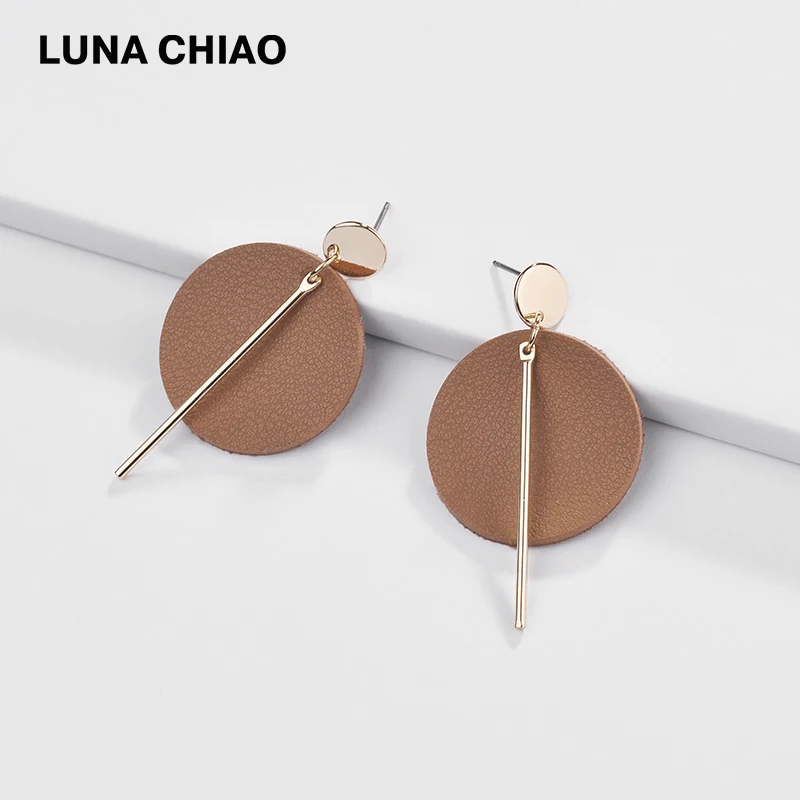 

LUNA CHIAO Women Fashion Jewelry Round Leather Earring Korean Style Drop Dangle Earrings for Lady