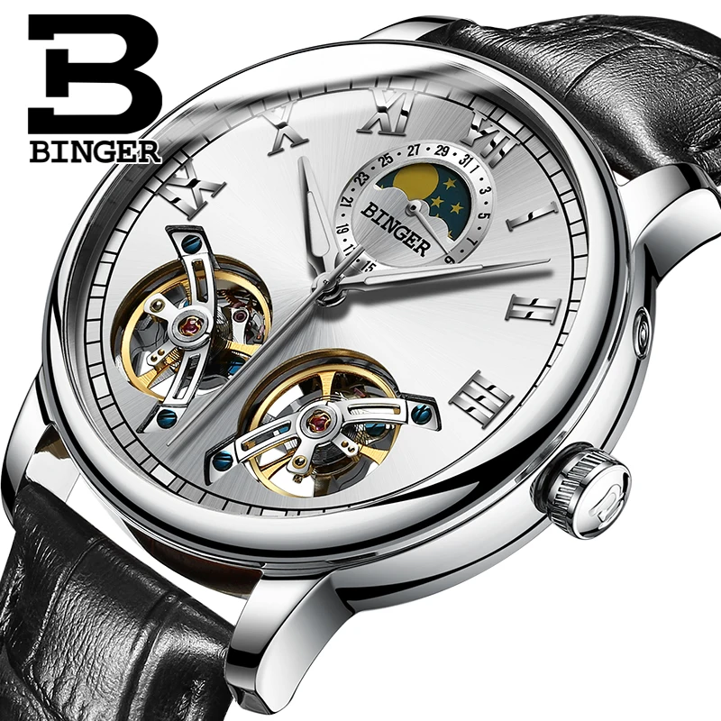 

BINGER 2017 NEW Men's Skeleton WristWatch Double tourbillon Genuine Leather Casual sport Automatic Skeleton Mechanical Watches