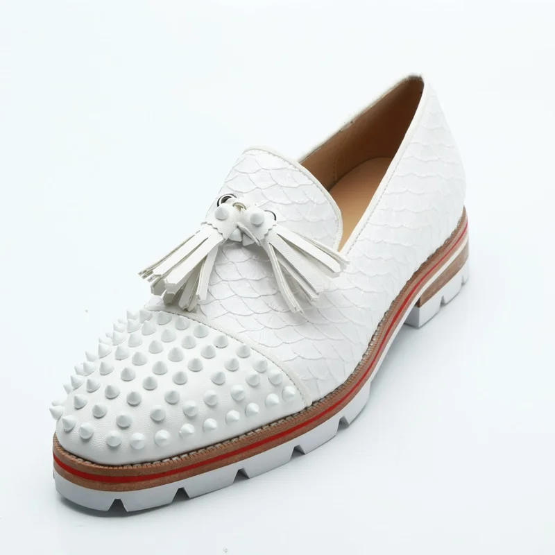LOUBUTEN White Snakeskin Pattern Genuine Leather Tassel Loafers Slip On Men Dress Shoes Luxury Rivets Casual Shoes