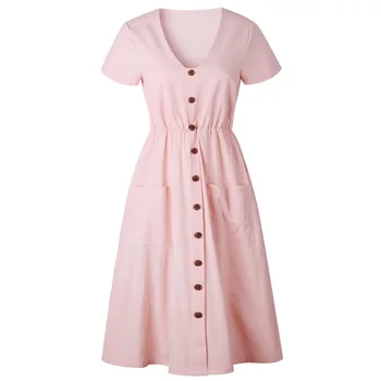 

New Women 8 Colors Summer Fashion V Neck Button Pocket Dress Short Sleeve Elegant Street Cotton A Line Beach Dresses Vestidos