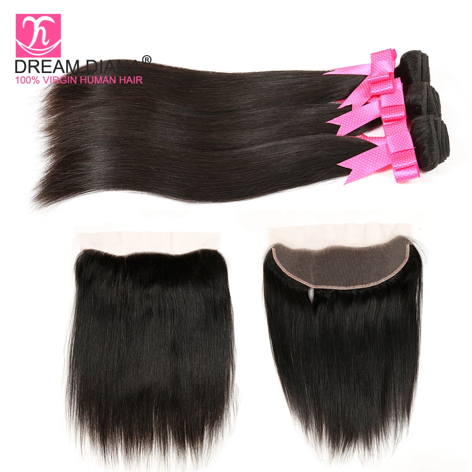 DreamDiana перуанский волосы прямые волосы Связки с фронтальной пучки волос Remy с закрытием 3 Связки с фронтальной Cheveux Humain
