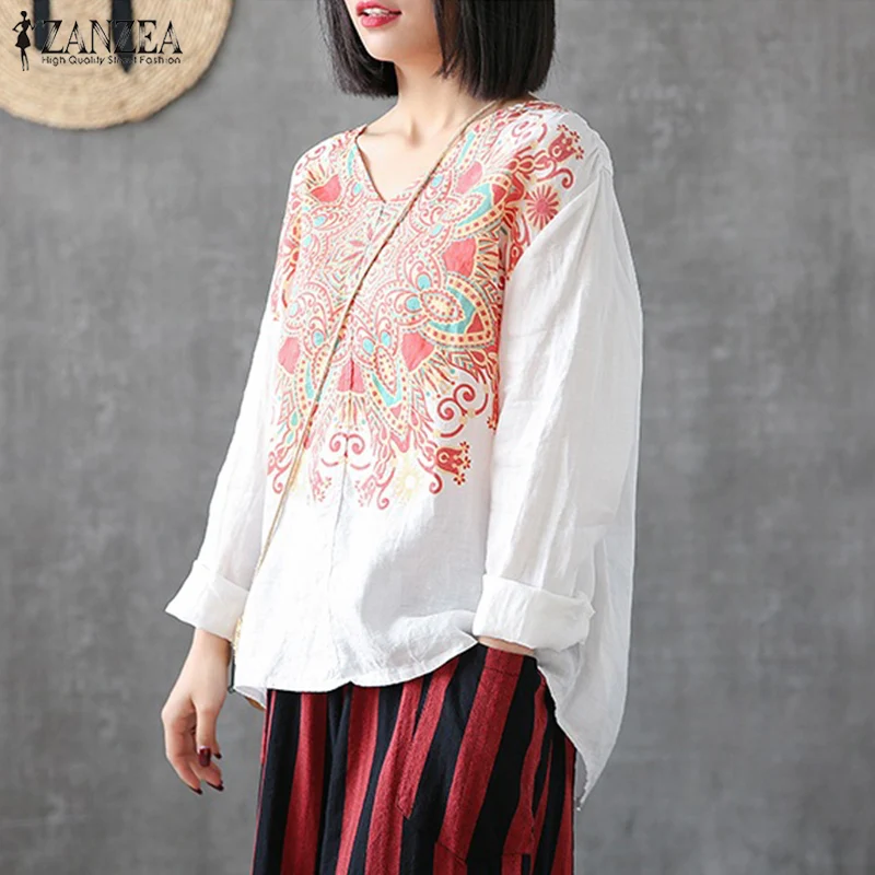 S 5XL ZANZEA 2019 الصيف حزب تونك بلايز كم طويل الأزهار المطبوعة Blusas عارضة V الرقبة شيك قميص بلوزة الإناث قميص