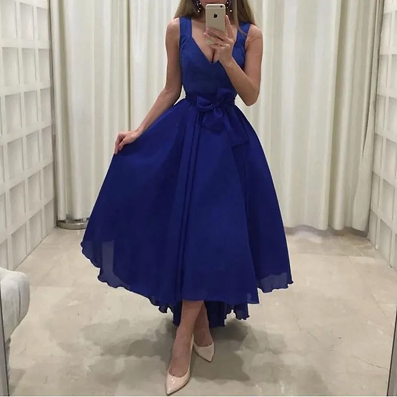 

Royal Blue Evening Gown Short Front Long Back V-neck Wide Straps Chiffon High-Low Long Arabic Wedding Party Dress