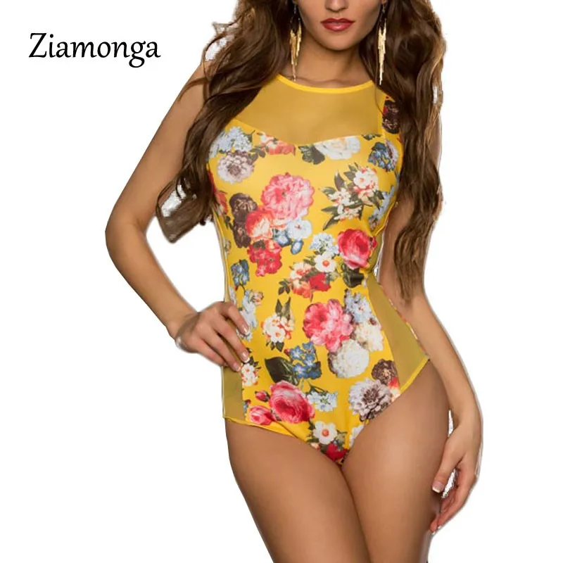 Ziamonga 2019 Fashion Rompers Womens Jumpsuit Printed Floral Sleeveless Women One Piece Sexy Slim Bodysuit Mesh Playsuits C2854