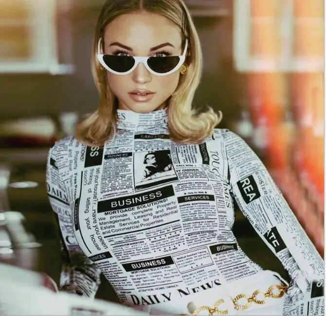

Women Long Sleeve Bodysuit Women Newspaper Printed Jumpsuits 2019 Summer Fashion Individuality Slim Costume Skinny Playsuits