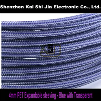 

200 Meters Round High Density Sleeving 4 mm Blue with Transparent tracer PET Braided Expandable Sleeve For Cable Protection