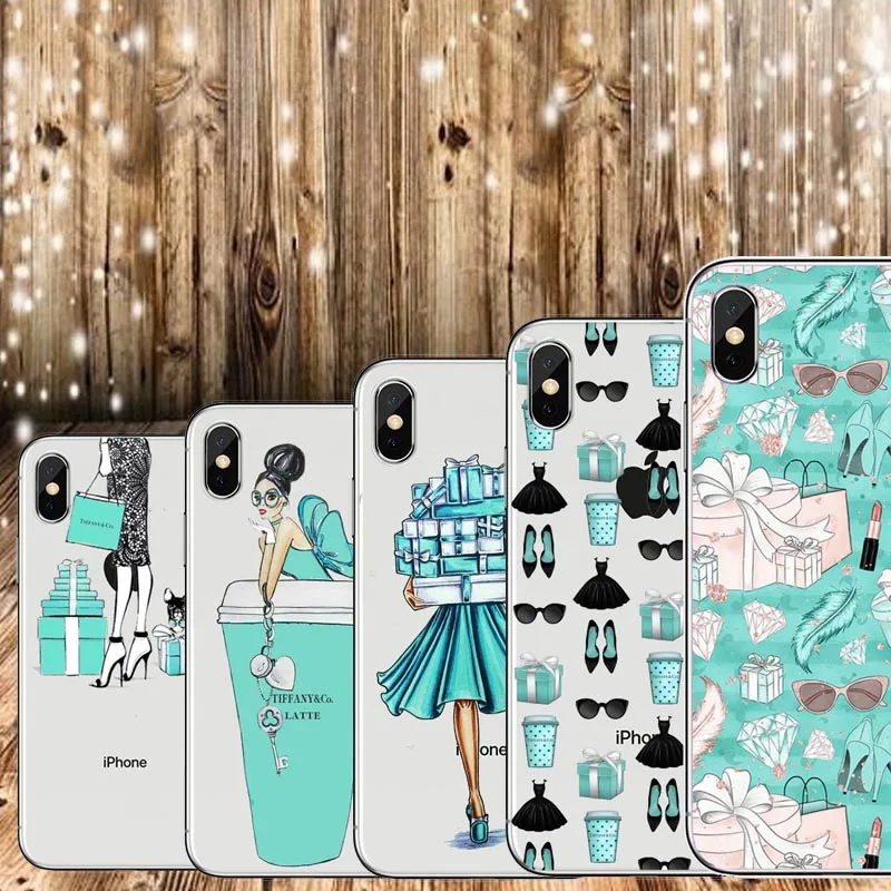 

Fashion Blue Box Girl Case For iPhone XS MAX XR 8 7 6 6s Plus 5 5s SE Silicone Clear Soft Cat And Coffee Phone Cover