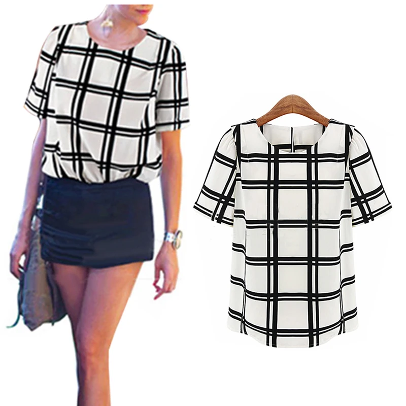 OL Style Women Black and white grid printed shirts women short shirts