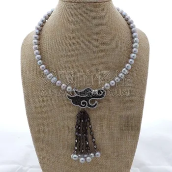 

N012609 18'' Grey Pearl Choke Necklace CZ Pendant