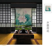 Ink painting curtain Chinese lotus flower window blind water Japanese half curtain cotton and linen curtain