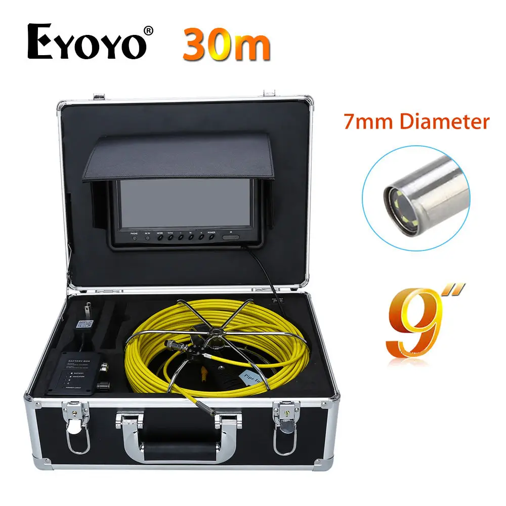 

Eyoyo 30M 9"LCD 7mm Wall Drain Sewer Pipe Line Inspection Camera System CCTV Cam CMOS 1000TVL Snake Inspection TFT HD Sun shield