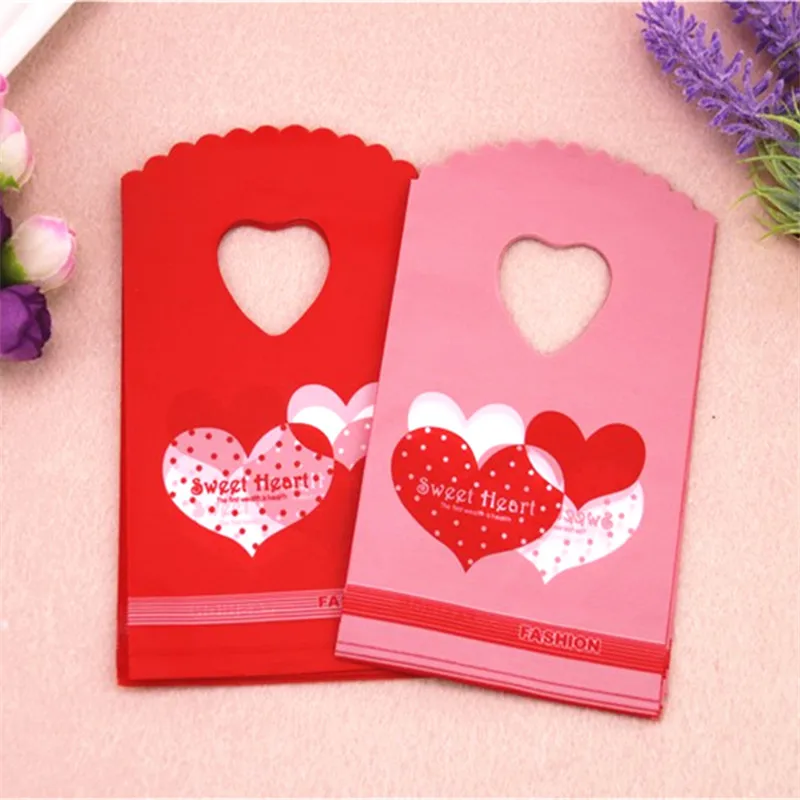 Дизайн распродажа 50 шт./лот 9*15 см маленькие красные свадебные конфеты упаковка двойное сладкое сердце пластиковые мини подарочные пакеты