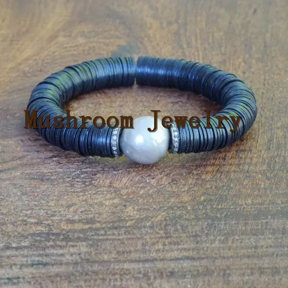 BS190339Black african vinyl beads, Silver freshwater pearl, Oxidized silver pave diamonds rondelles