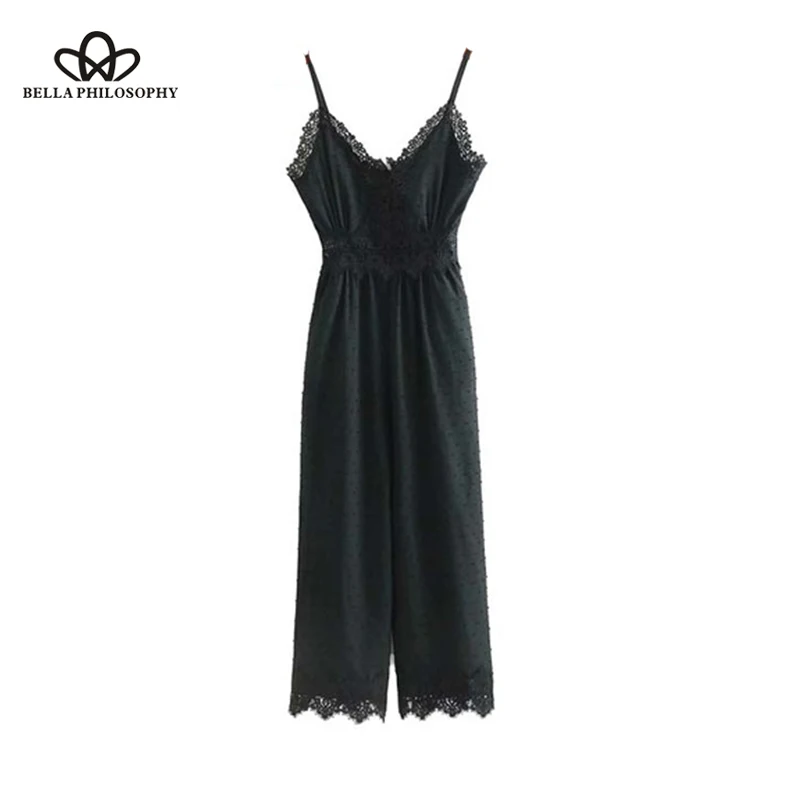Wonder 2018 lace patchwork V neck jumpsuits spaghetti strap sleeveless backless rompers ladies casual chic black sexy playsuits