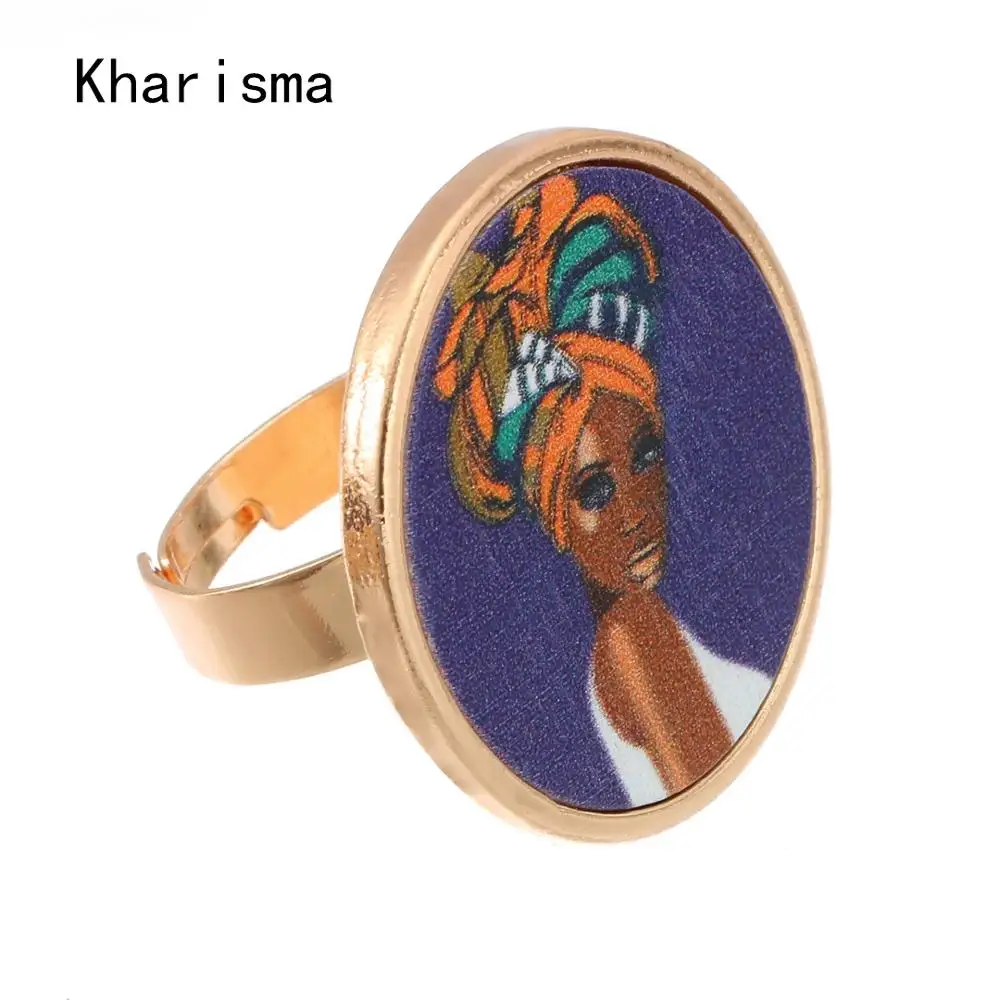 

KHARISMA Fashion Women Round Printed Printing Wooden Setting Golden Metal Zinc Alloy Rings African Rings For Woman Wedding Party