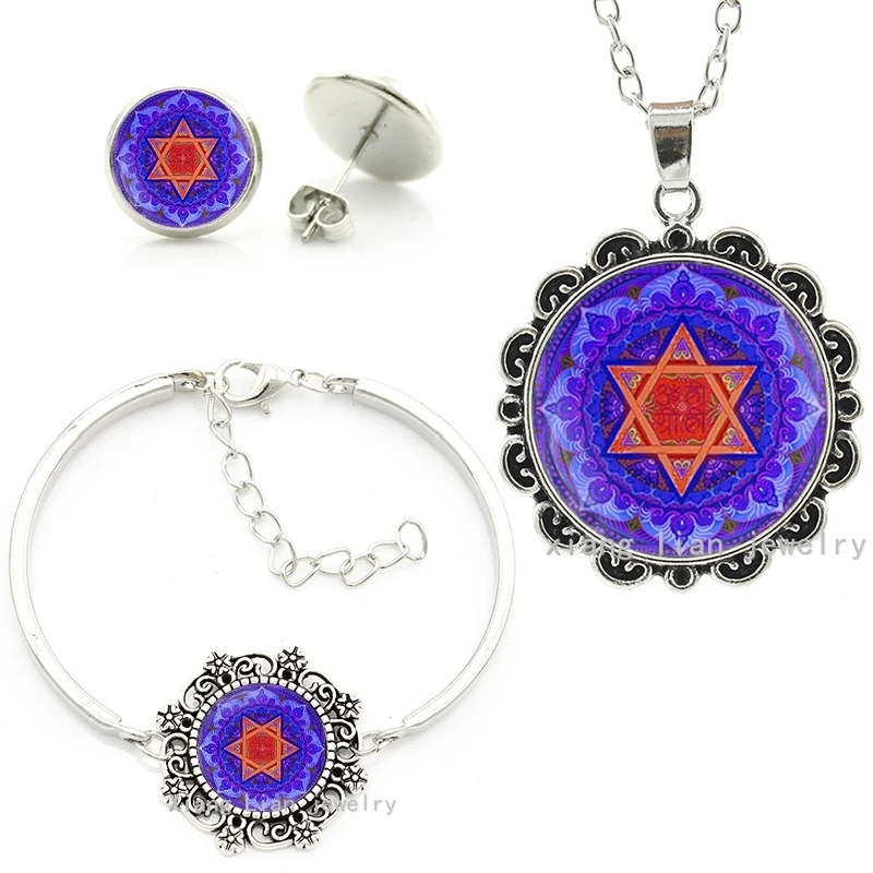 

Vintage charm Indian women wedding party bridal jewelry sets Ganesha Yantra Buddhist mandala necklace earrings bracelet set HT65