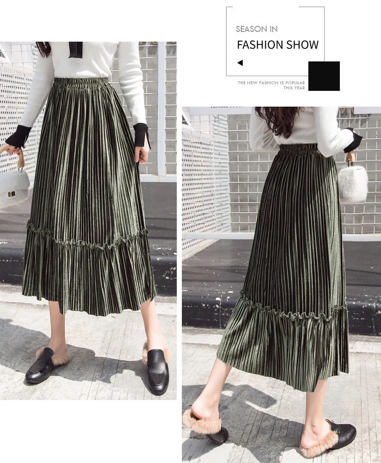 Корейская мода плиссированная юбка осень зима бархатная юбка Повседневная Эластичная Высокая талия миди юбка куртка Femme юбки женские Faldas
