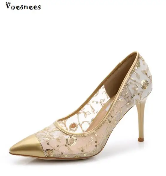 

2018 Pumps Women Shoes Mesh Shallow Party Thin Heels High Heels 9CM Pointed Toe Pump Women The Chinese Dress Single Ladies Shoes