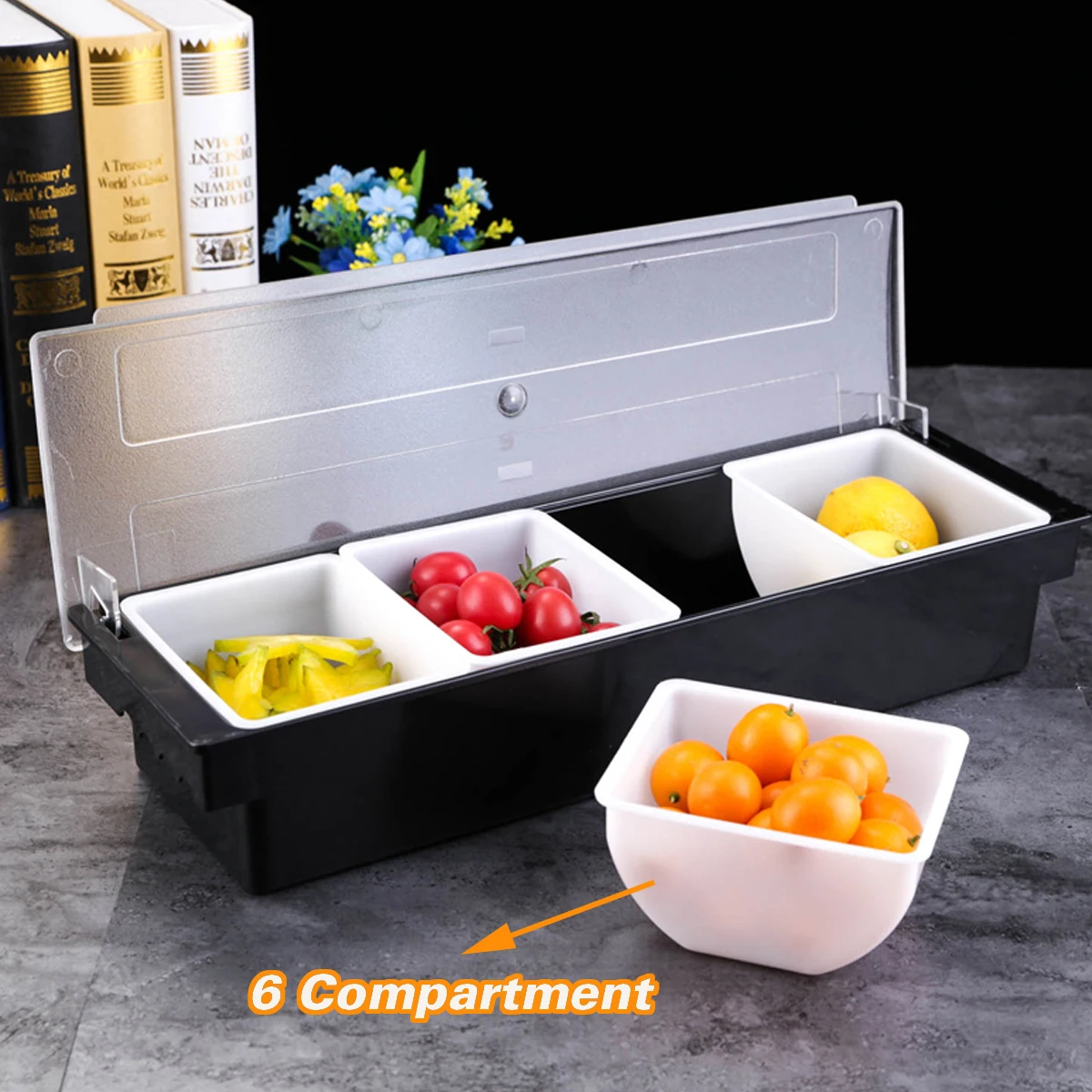 

6 Compartment Kitchen Seasoning Case Bar Condiment Box Holder Bar Drinks Fruit Garnish Cocktail Lime Lemo