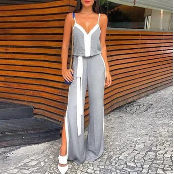 

2019 Women Strapless Wide Leg Pants Jumpsuit Summer Sexy V Neck Patchwork Long Jumpsuit Side Split Maxi Rompers