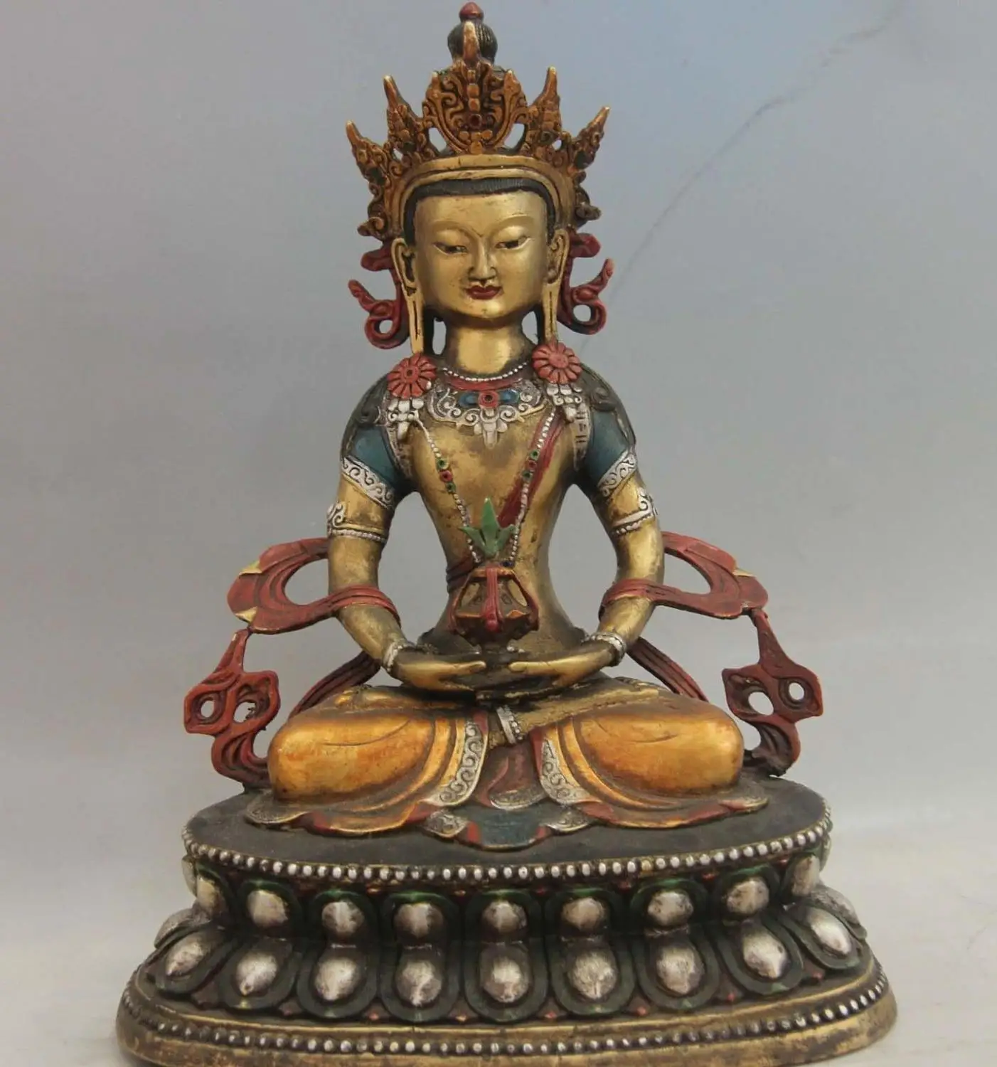 

11 Tibet Cloister Copper Color Painted Longevity Amitayus Buddha Kwan-Yin Statue