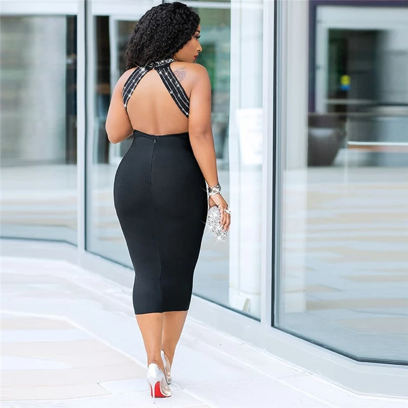 Goedkoop Adogirl Diamonds Vrouwen Sexy Jurk Sheer Mesh Patchwork Halter Backless Bodycon Midi Night Club Party Jurken Mode Vestidos