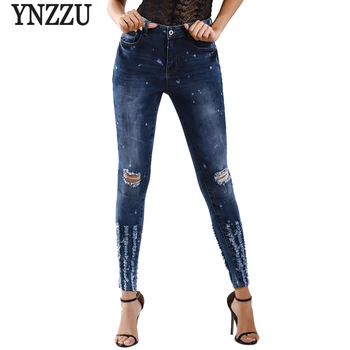 

YNZZU Fashion 2018 Ripped Hole Women Jeans Pants High Waist Jeans Femme Denim Skinny Jeans Pencil Trousers Woman Plus Size YB262